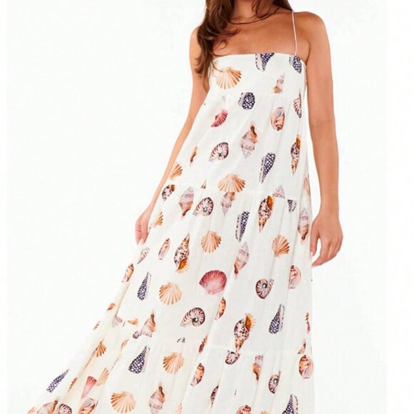 White Casual Women's Sleeveless Tiered Seashell & Conch Print Pocket Dress - Picture 1 of 3